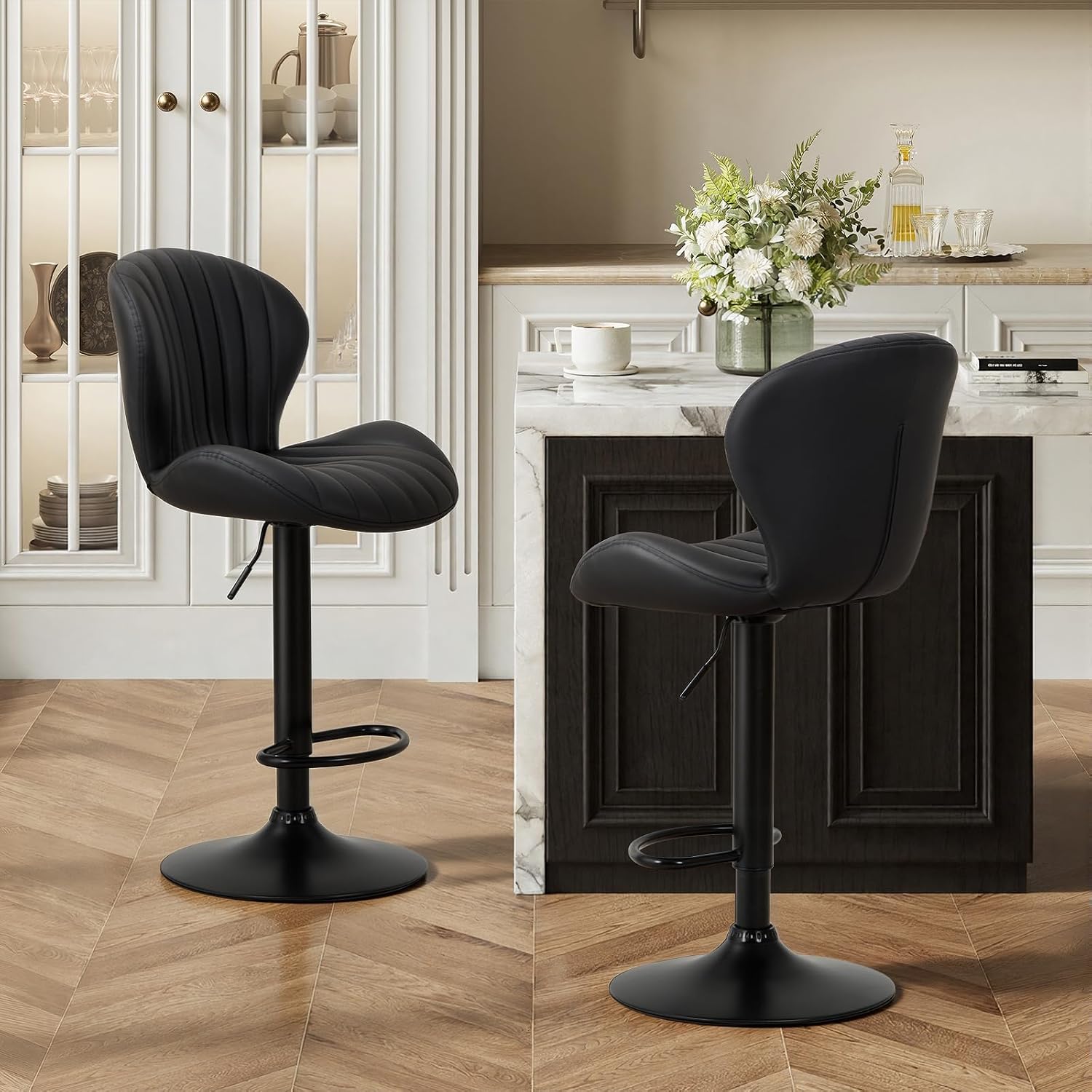 Bar Stools Set of 6, Modern Swivel Bar Chairs, Adjustable Faux Leather Upholstered Barstools Counter Height with High Backrest for Bar, Kitchen Island, Dining Room, Black - Image 5