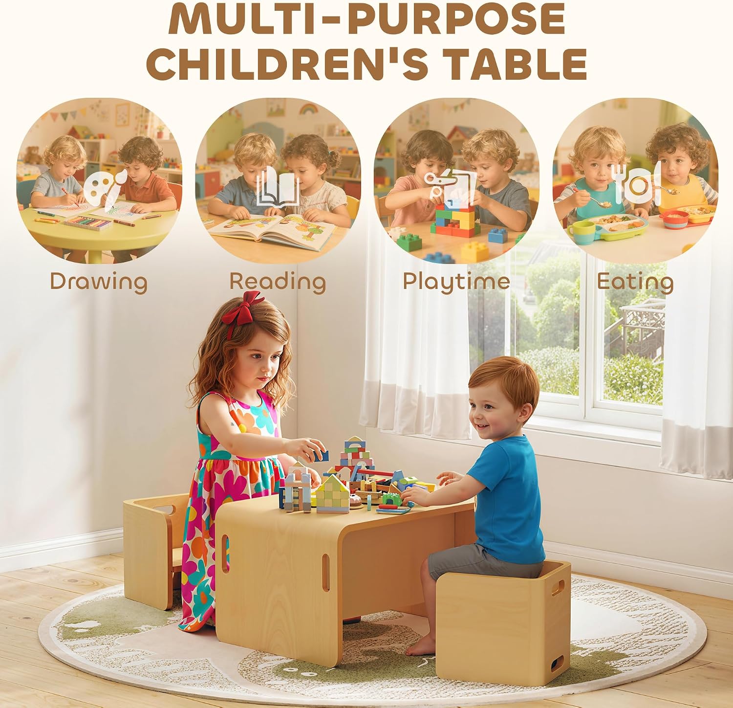Kids Table and Chair Set, Wooden Activity Table, Ages 3-8, Natural Wood - Image 6
