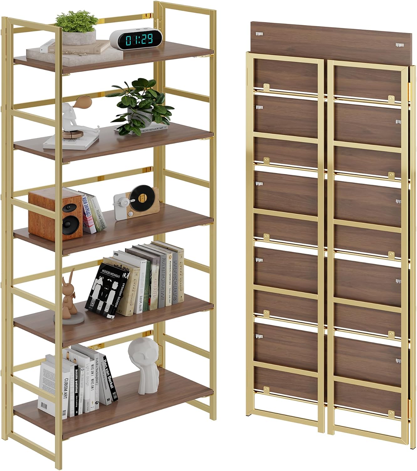 Vintage Multifunctional Folding Bookshelf, No-Assembly Plant Stand Storage Rack Shelves for Home Office (White, 5-Tier) - Image 2