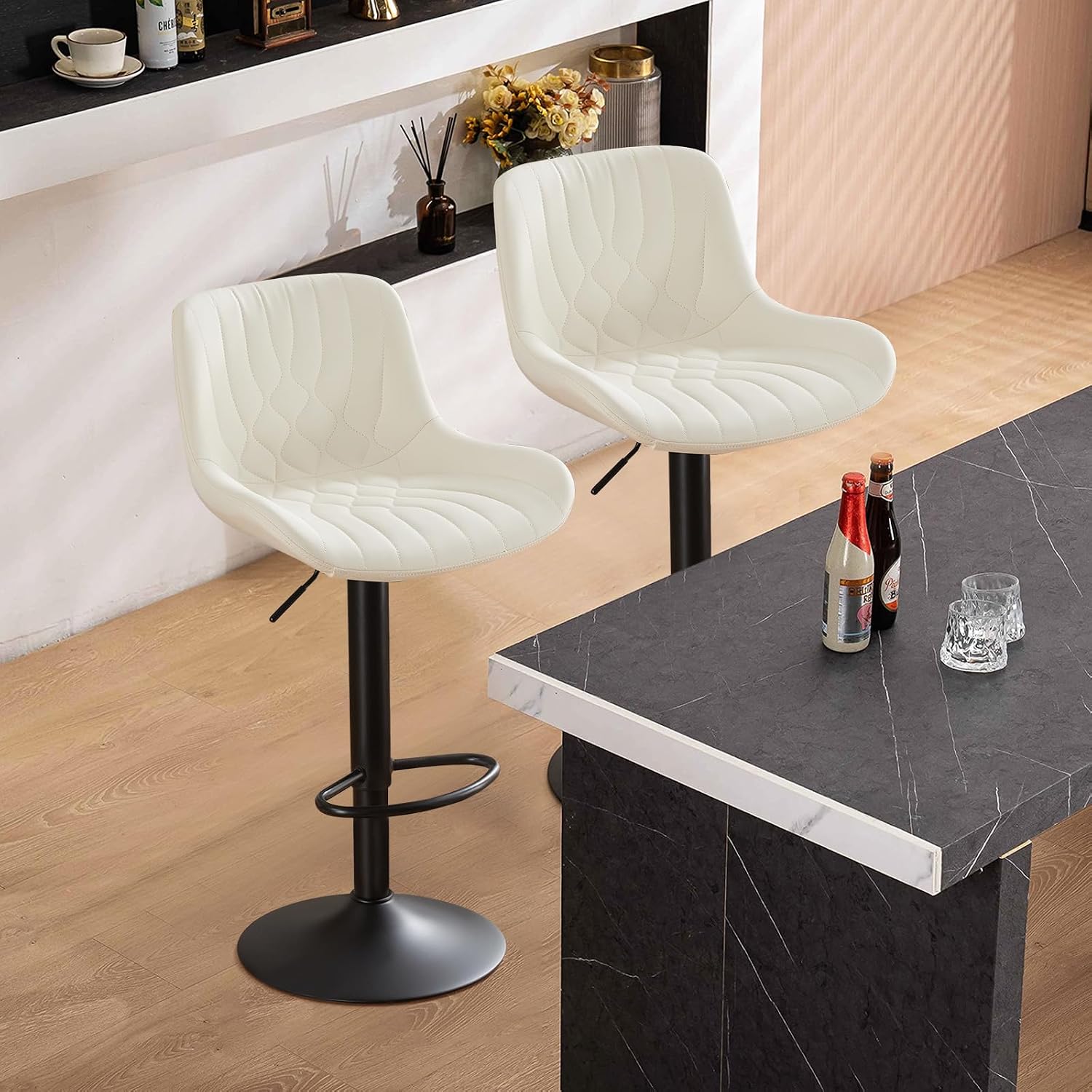 Modern Adjustable Bar Stools Set of 2,Swivel Backs with Faux Leather Counter Height for Kitchen Island Breakfast Bar Chairs Padded Seats for Bar(Black) - Image 2