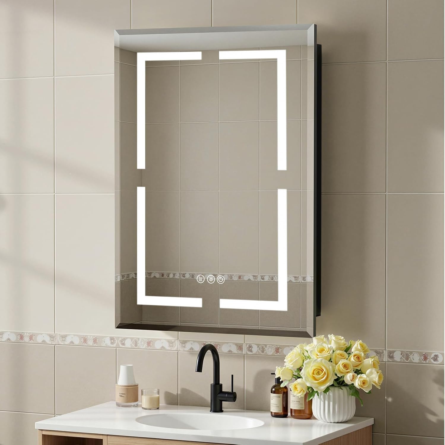 16X24 Inch Bathroom Medicine Cabinet, Adjustable 3-Color Brightness Dimming LED Mirror Recessed, Black - Image 3