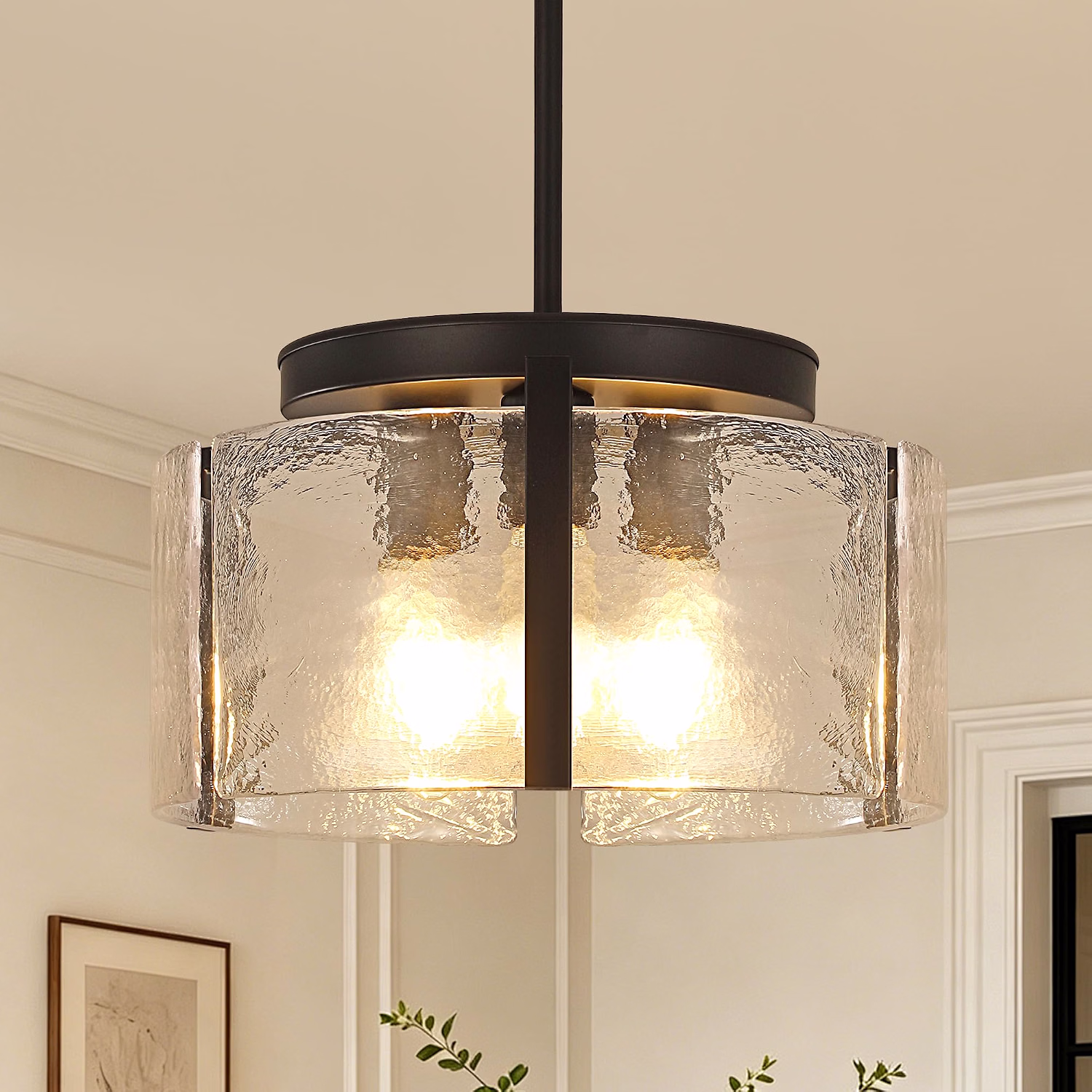 Black 4-Light Glass Chandelier, Adjustable Modern Farmhouse Pendant Light, Drum Hanging Light Fixture for Kitchen Island, Dining Room, Entryway, Bedroom - Image 4