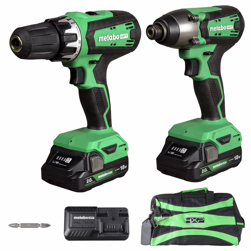 Metabo HPT 18V MultiVolt Hammer Drill and Impact Driver Combo Kit | Cordless | 2-2.0Ah Li-Ion Batteries w/Fuel Gauge | Lifetime Tool Warranty | KC18DFX - homedespot