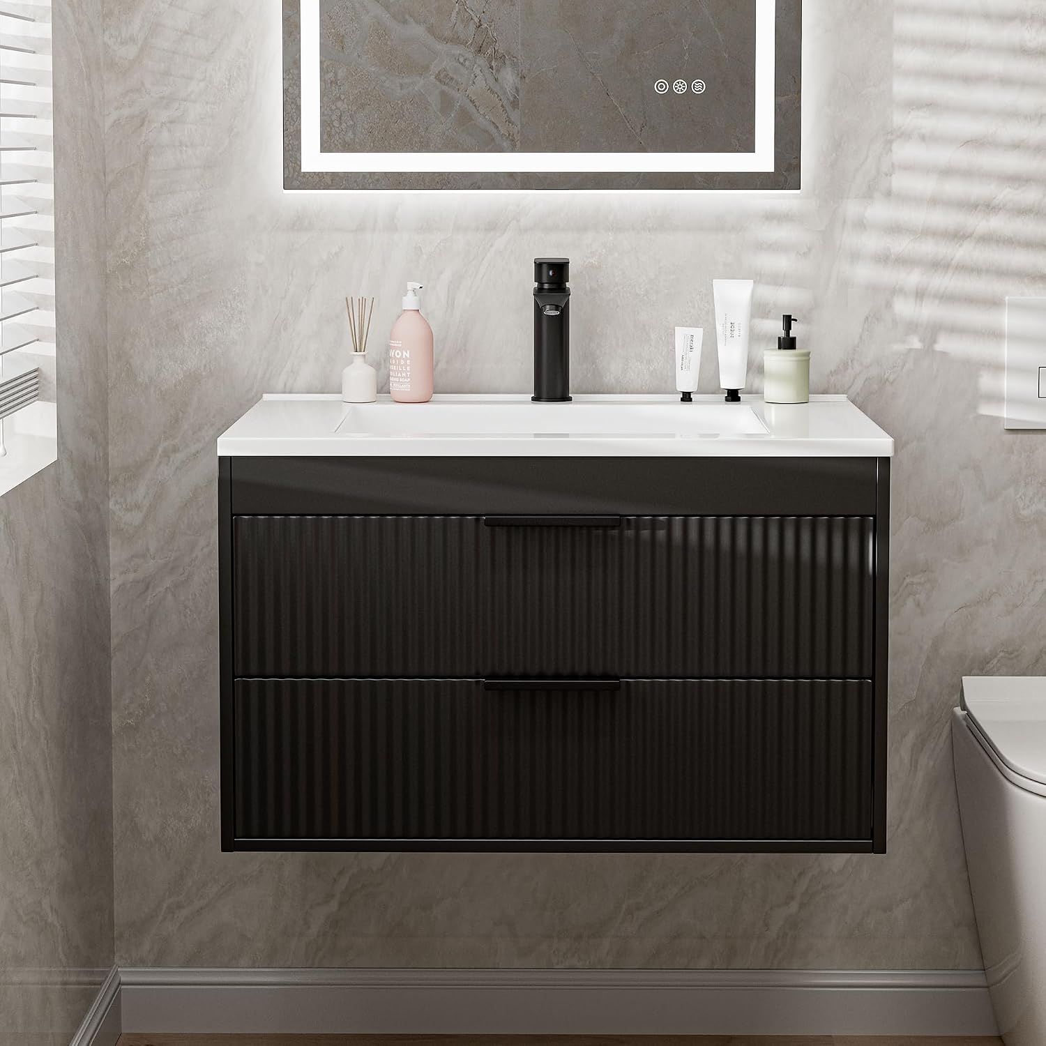 24 Inches Modern MDF Bathroom Vanity with Sink, Wall Mounted Floating Cabinets w/Double Drawers, Black Handles, White Resin Sink Combo Set (White, 24") - Image 2