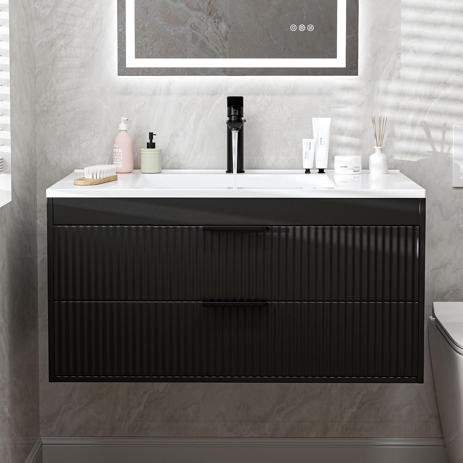 24 Inches Modern MDF Bathroom Vanity with Sink, Wall Mounted Floating Cabinets w/Double Drawers, Black Handles, White Resin Sink Combo Set (White, 24") - Image 3