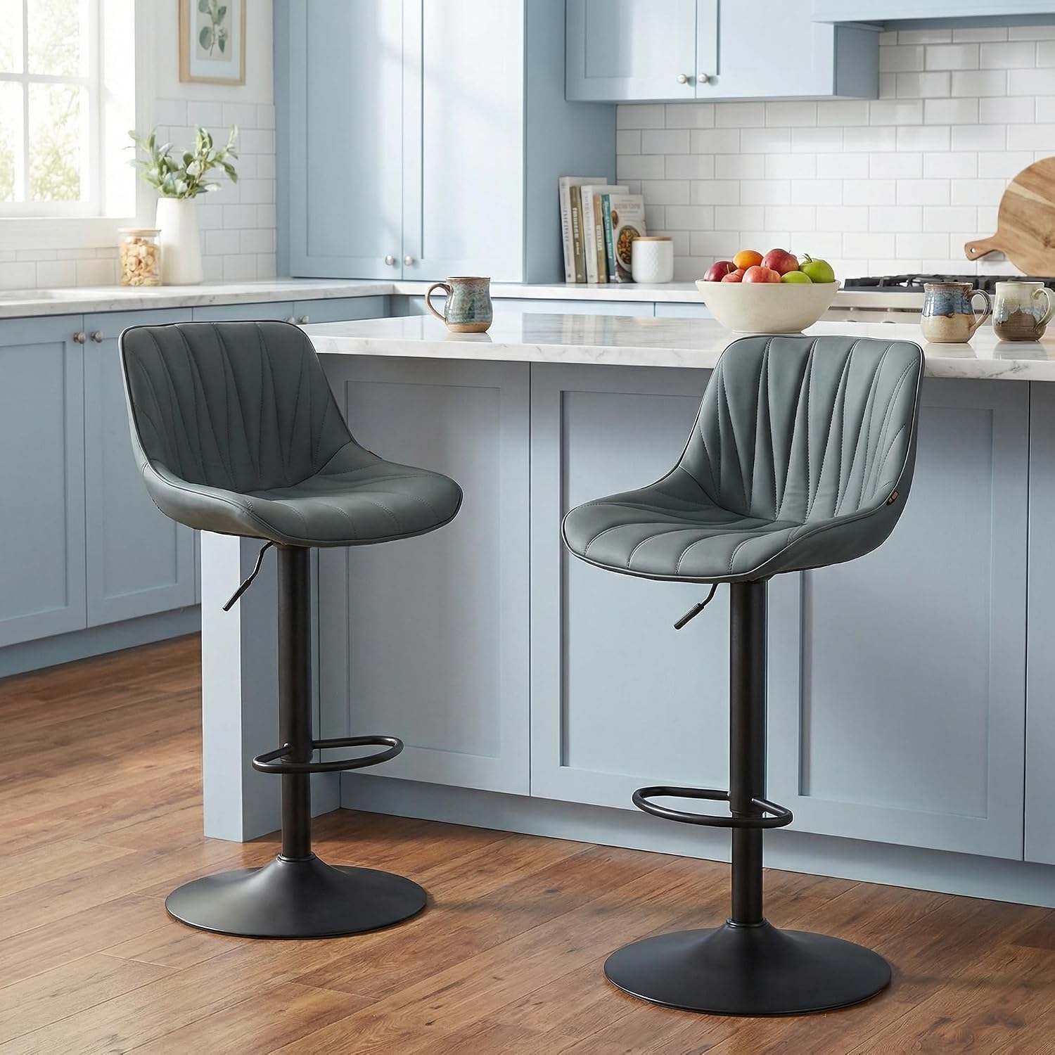 Bar Stools Set of 2 for Kitchen Island, White Faux Leather Padded - Image 3