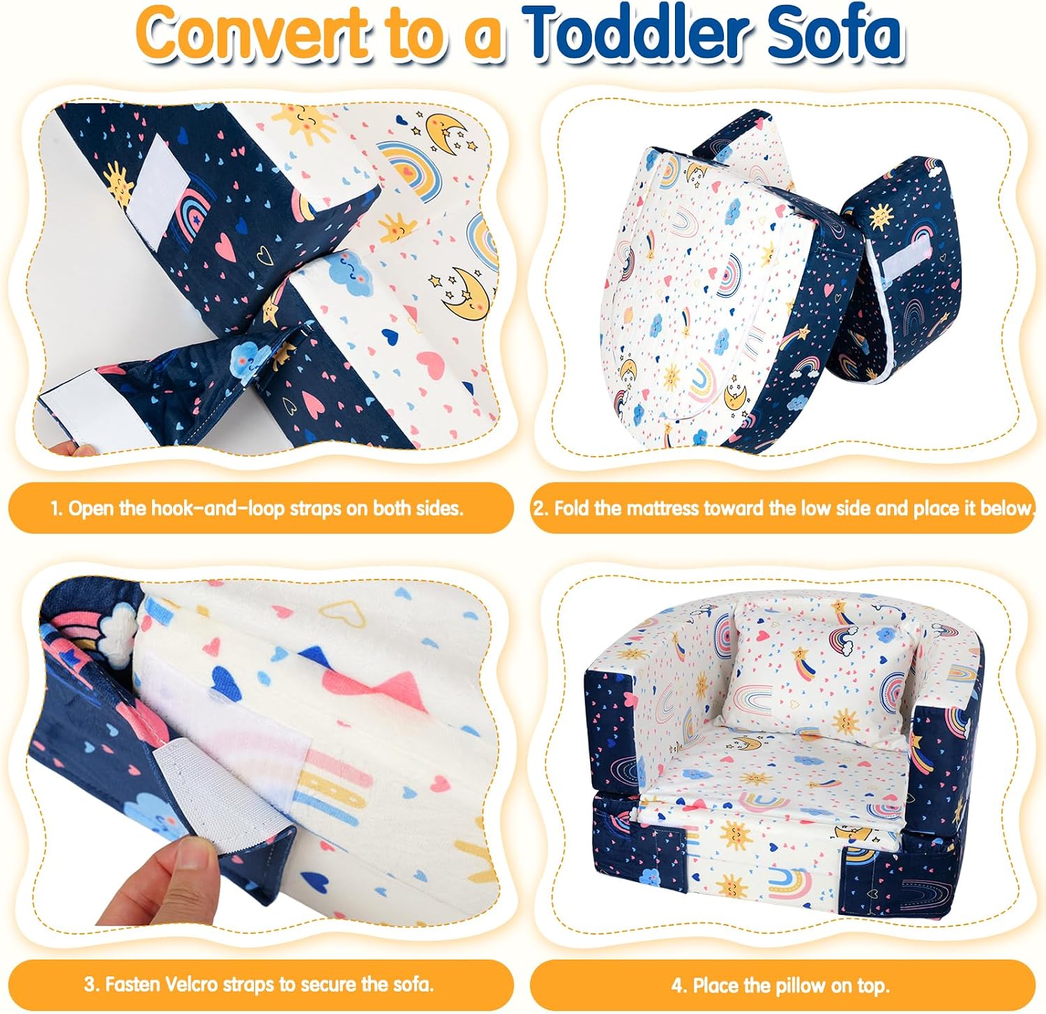 2-in-1 Toddler Travel Bed, Portable Foldable Toddler Floor Bed Converts to Soft Sofa, Kids Travel Couch with Removable Washable Cover, Ideal for Camping, Picnic, Hotel & Sleepovers - Image 6