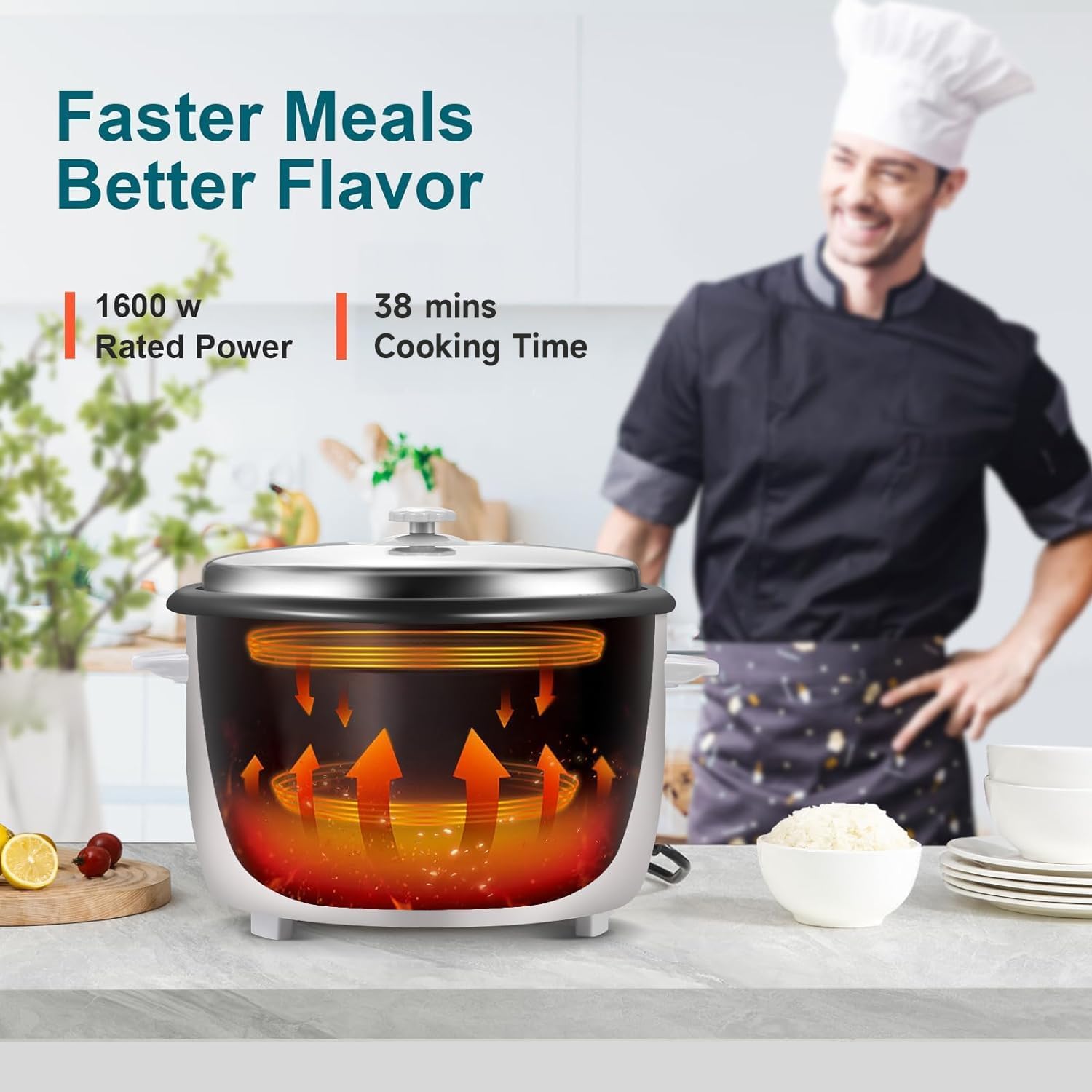 Commercial Rice Cooker, Large Capacity 30-Cup (UnCooked), 60-Cup (Cooked) with One Touch Operation and 12-Hour Keep Warm, Easy to Use and clean, 1600W, White - Image 3