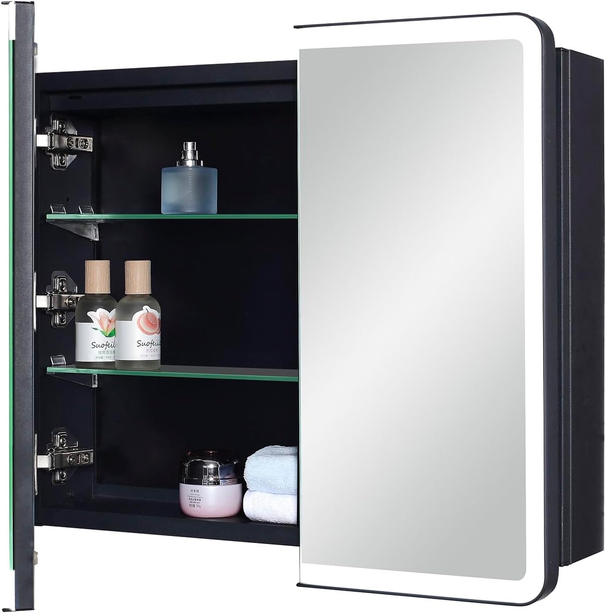 LED Bathroom Medicine Cabinet with Round Corner Framed Mirror Door 22 x 20 inch, Recessed or Surface Mount, with Adjustable Glass Shelves Shelves - Image 3