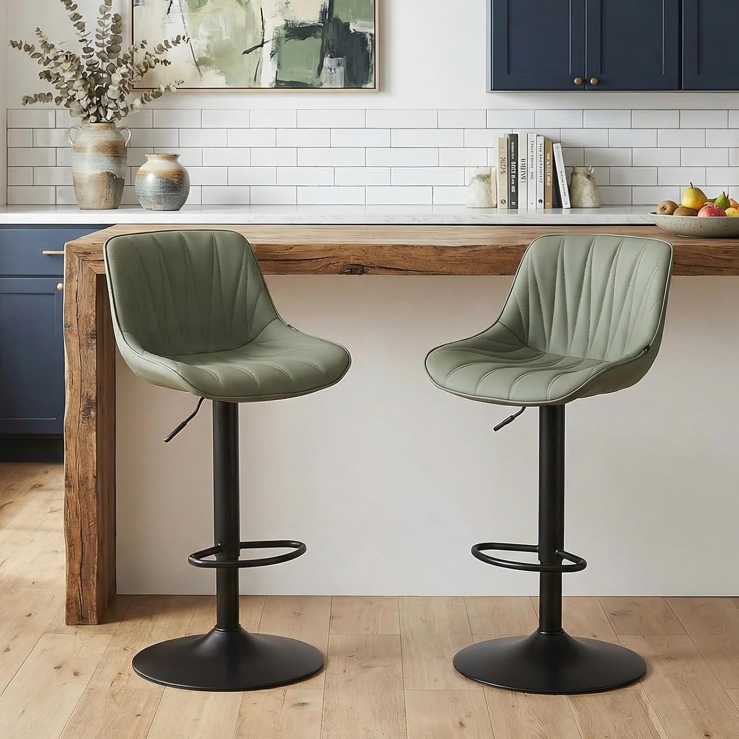 Bar Stools Set of 2 for Kitchen Island, White Faux Leather Padded - Image 2