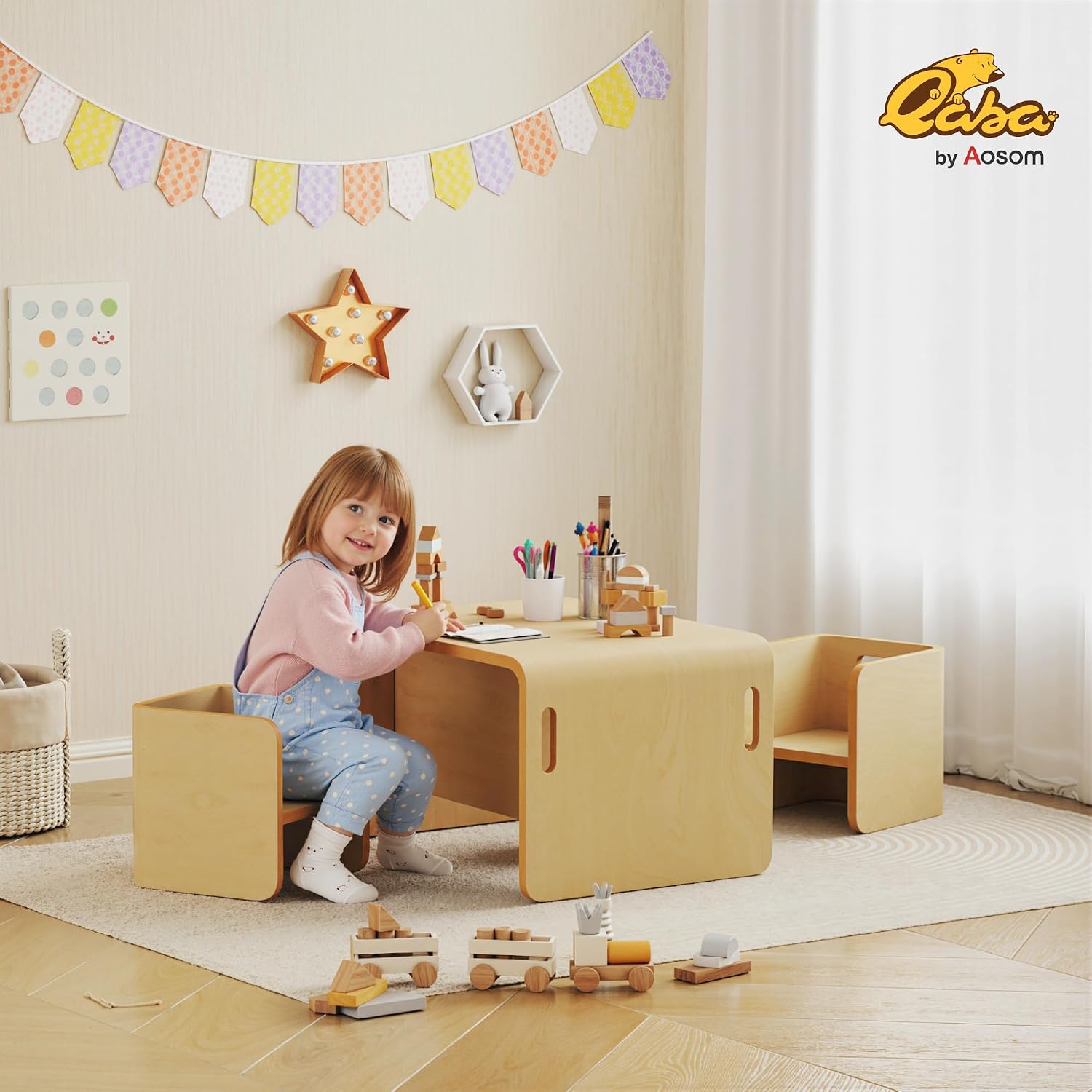 Kids Table and Chair Set, Wooden Activity Table, Ages 3-8, Natural Wood - Image 2