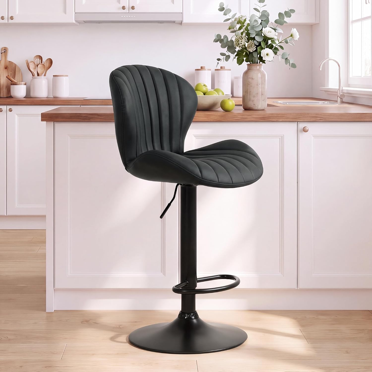 Bar Stools Set of 6, Modern Swivel Bar Chairs, Adjustable Faux Leather Upholstered Barstools Counter Height with High Backrest for Bar, Kitchen Island, Dining Room, Black - Image 4
