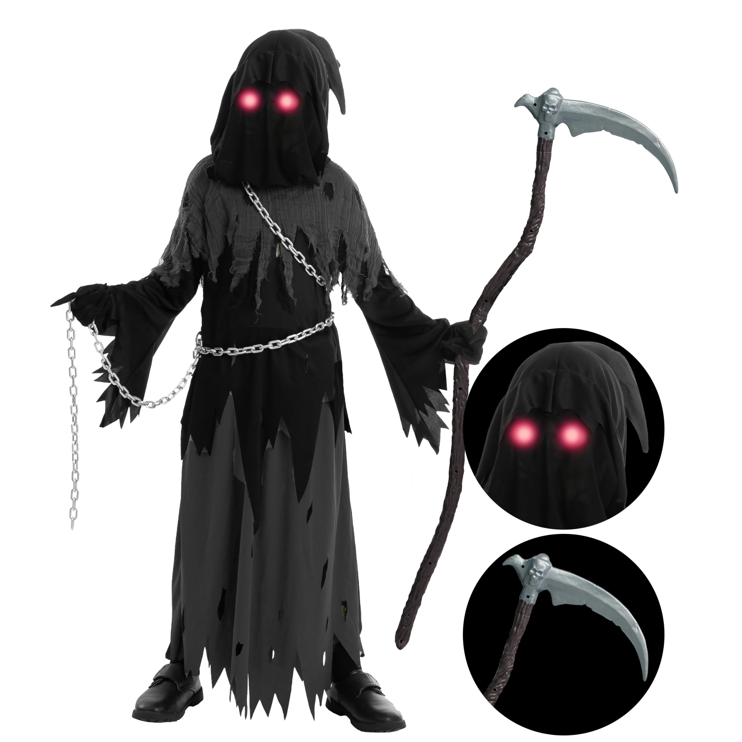 Spooktacular Creations Glowing Eyes Grim Reaper Costume for Kids, Hall