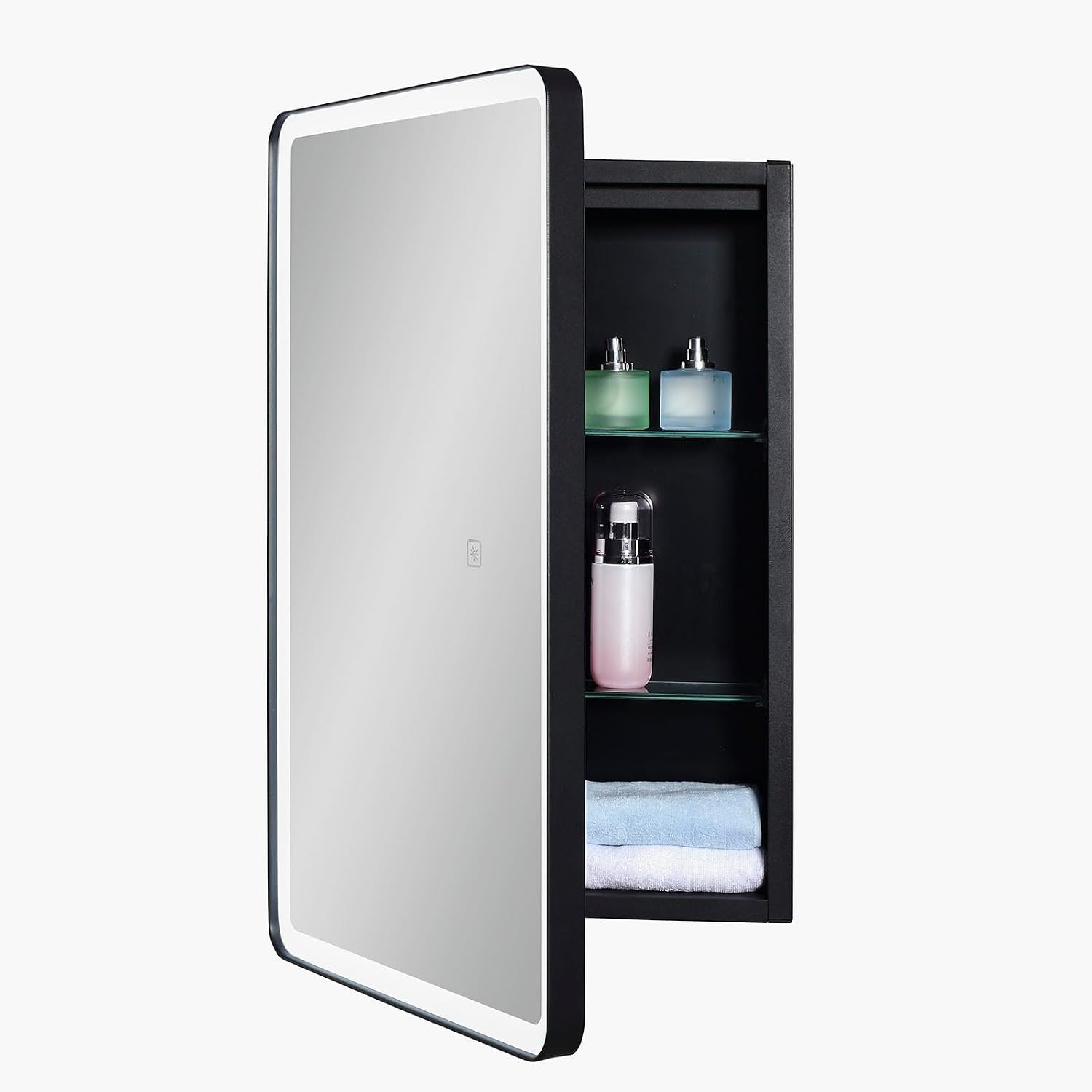 LED Bathroom Medicine Cabinet with Round Corner Framed Mirror Door 22 x 20 inch, Recessed or Surface Mount, with Adjustable Glass Shelves Shelves