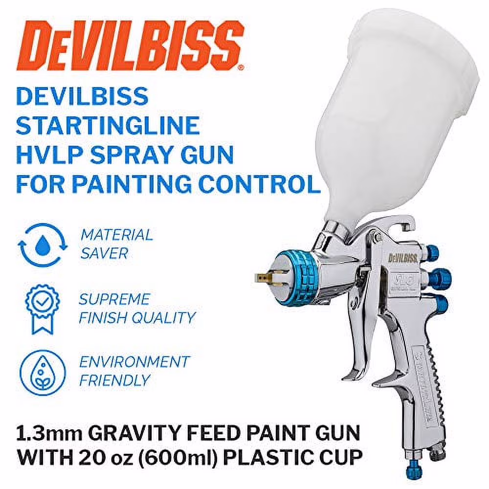 DeVilBiss STARTINGLINE HVLP Spray Gun for Painting Control 1.3mm Gravity Feed Paint Gun with 600milliliter Plastic Cup - homedespot