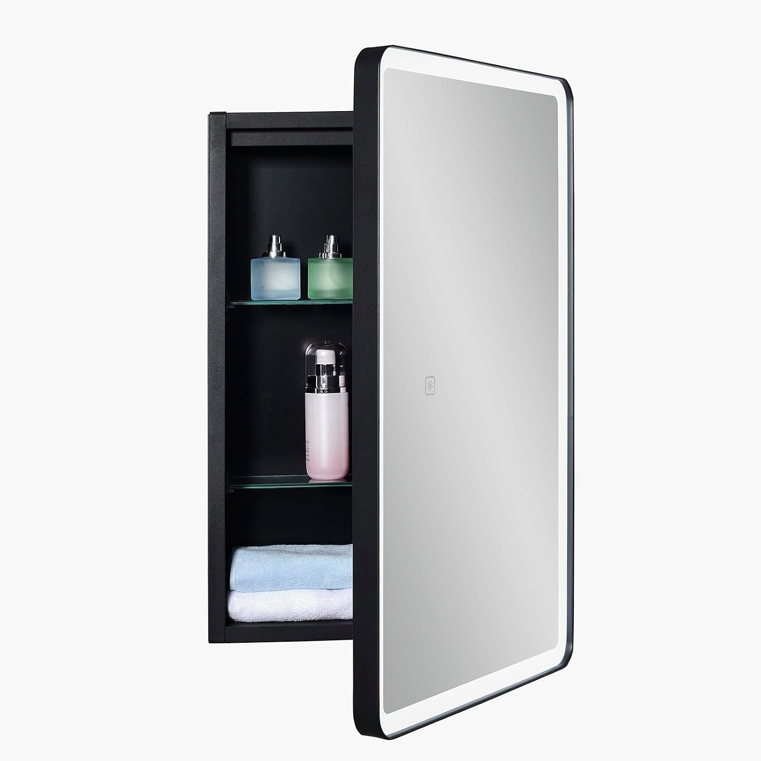 LED Bathroom Medicine Cabinet with Round Corner Framed Mirror Door 22 x 20 inch, Recessed or Surface Mount, with Adjustable Glass Shelves Shelves - Image 2