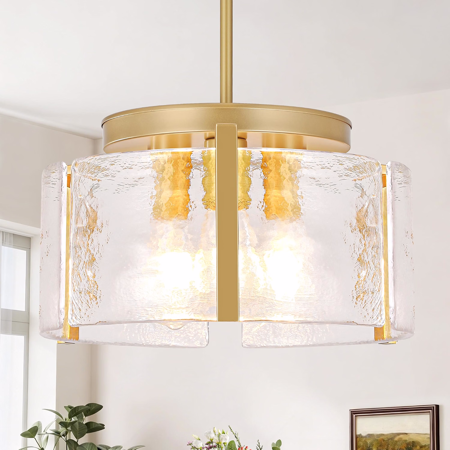 Black 4-Light Glass Chandelier, Adjustable Modern Farmhouse Pendant Light, Drum Hanging Light Fixture for Kitchen Island, Dining Room, Entryway, Bedroom - Image 2