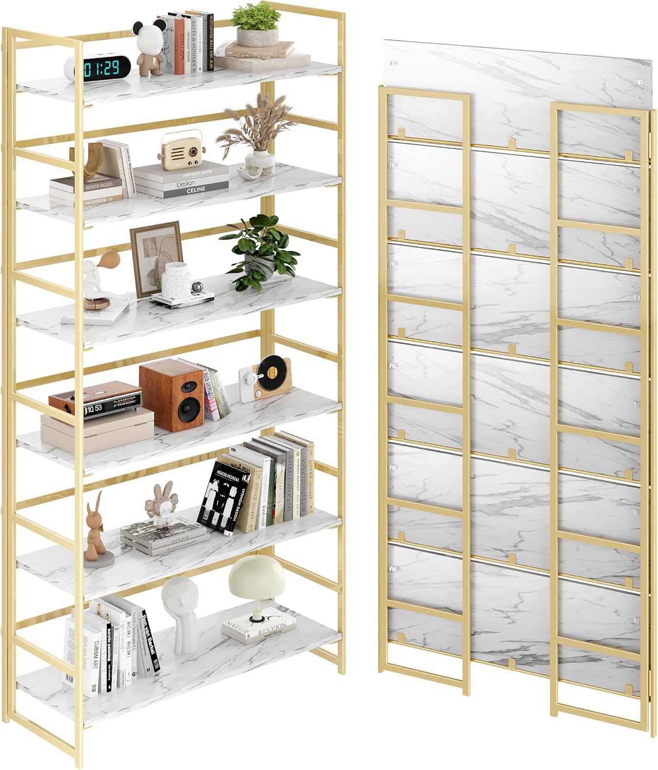 Vintage Multifunctional Folding Bookshelf, No-Assembly Plant Stand Storage Rack Shelves for Home Office (White, 5-Tier) - Image 5