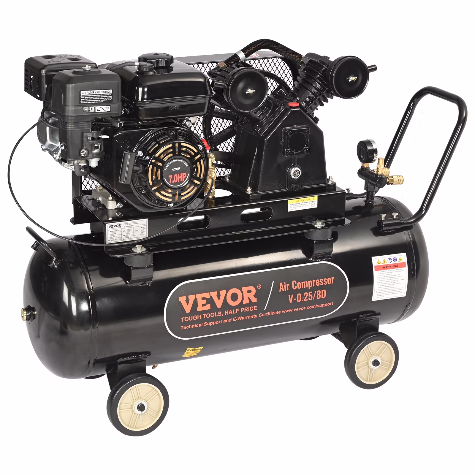 VEVOR 7HP Gas Powered Air Compressor, 21 Gallon Horizontal Air Compressor Tank, 9CFM@115PSI Gas Driven Piston Pump Air Compressed System with 115PSI Max Pressure for Construction Sites Workshop - homedespot