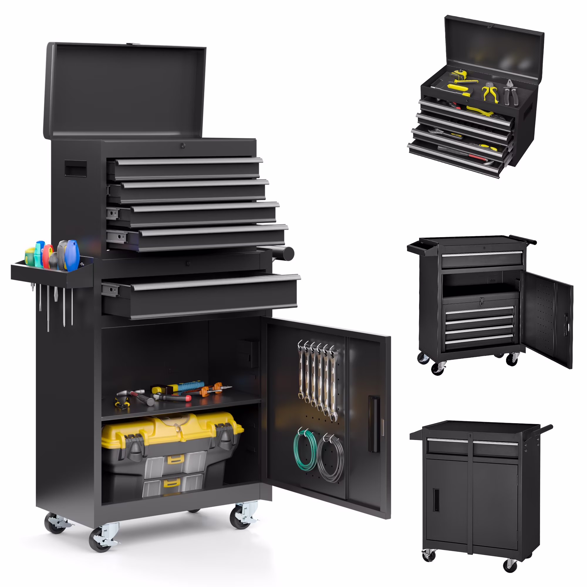 MUCHANT 5-Drawer Rolling Tool Chest, 2-in-1 Tool Box& Cabinet with Wheels, Drawers and Removable Top Tool Box for Garage, Warehouse, Workshop, Repair Shop, Black - homedespot