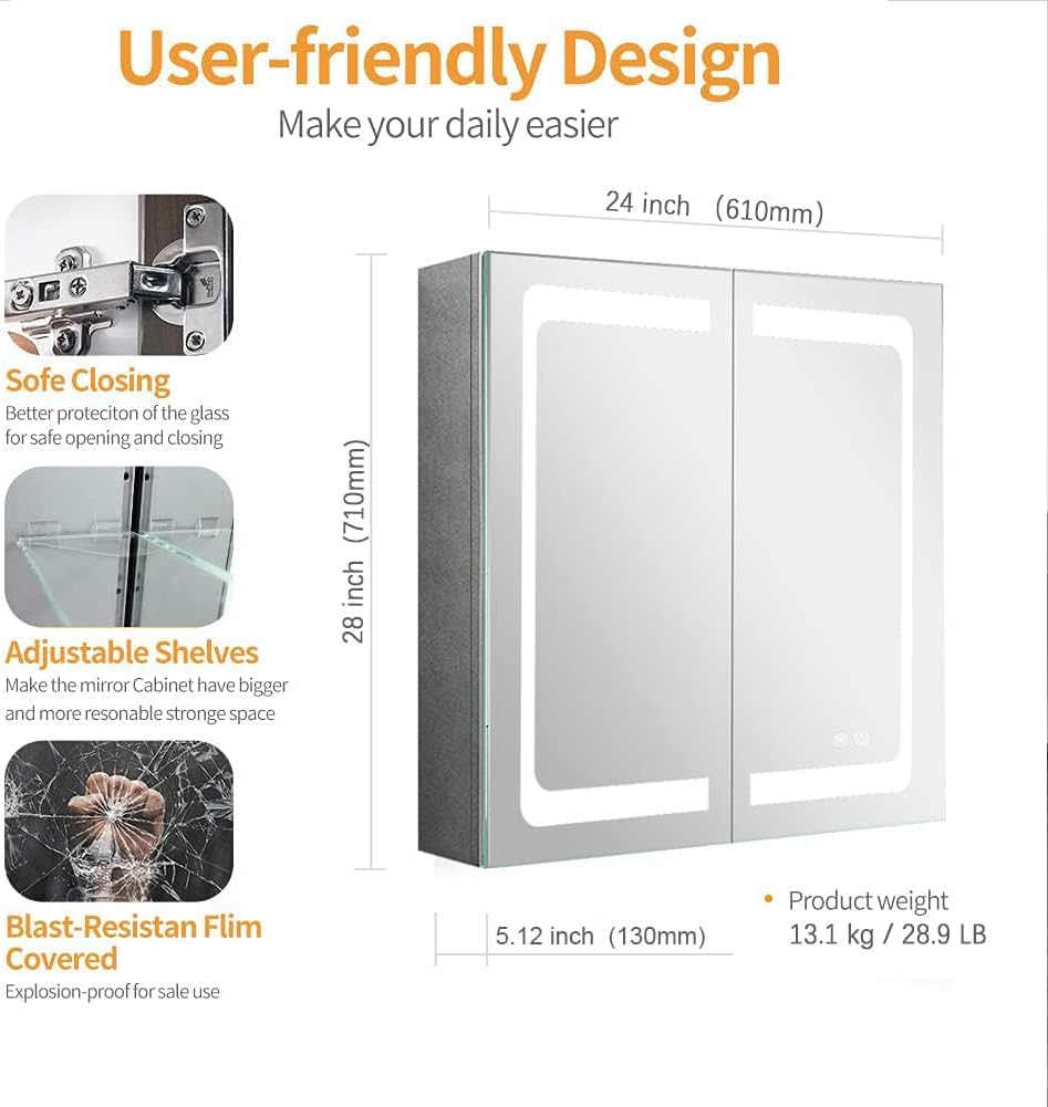 24 Inch x 28 Inch Illuminated LED Mirror Cabinet for Bathroom, Stainless Steel Wall Mounted Medicine Cabinet with Double Touch Switches for Color Change, Dimmer & Anti-Fog Function - Image 2