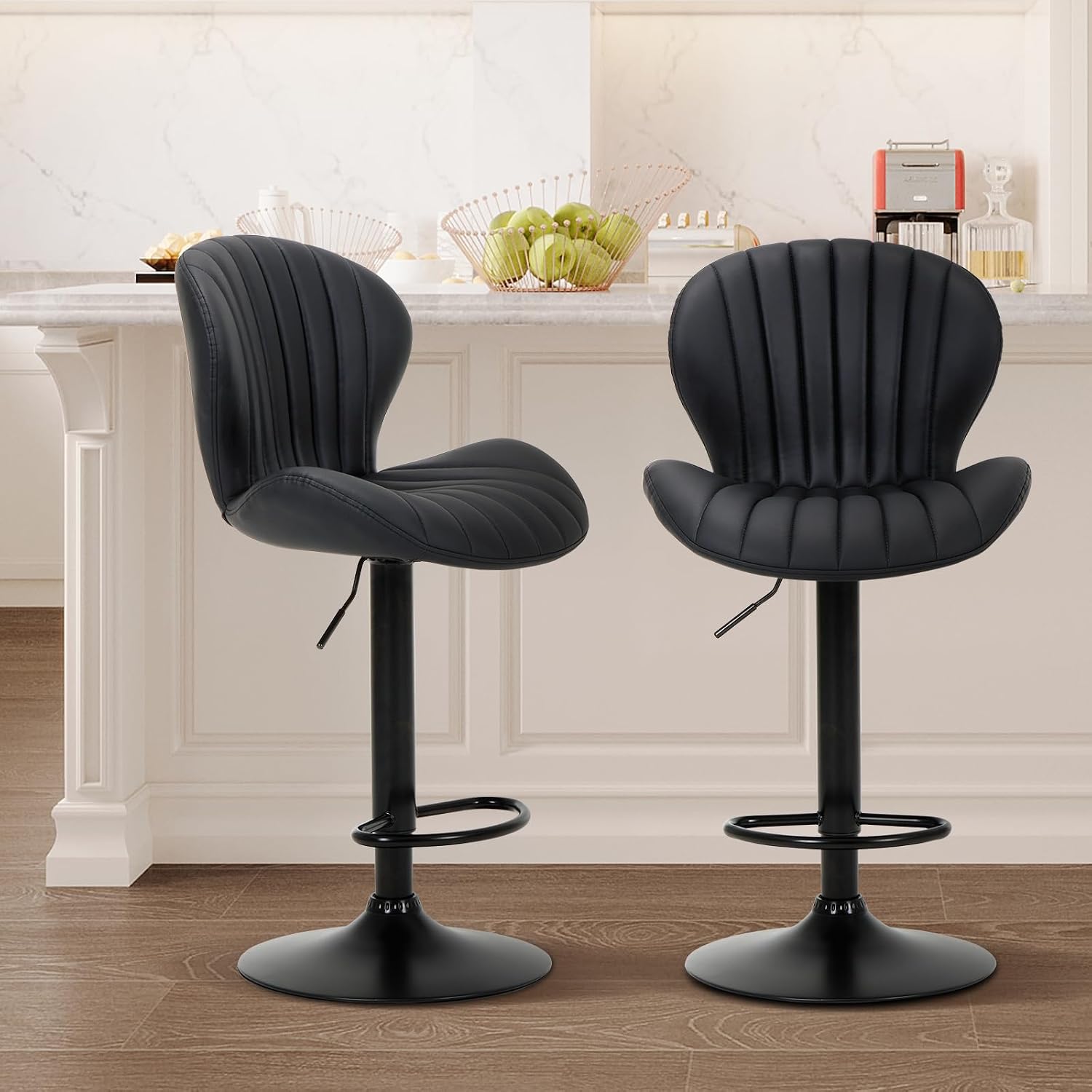 Bar Stools Set of 6, Modern Swivel Bar Chairs, Adjustable Faux Leather Upholstered Barstools Counter Height with High Backrest for Bar, Kitchen Island, Dining Room, Black - Image 2