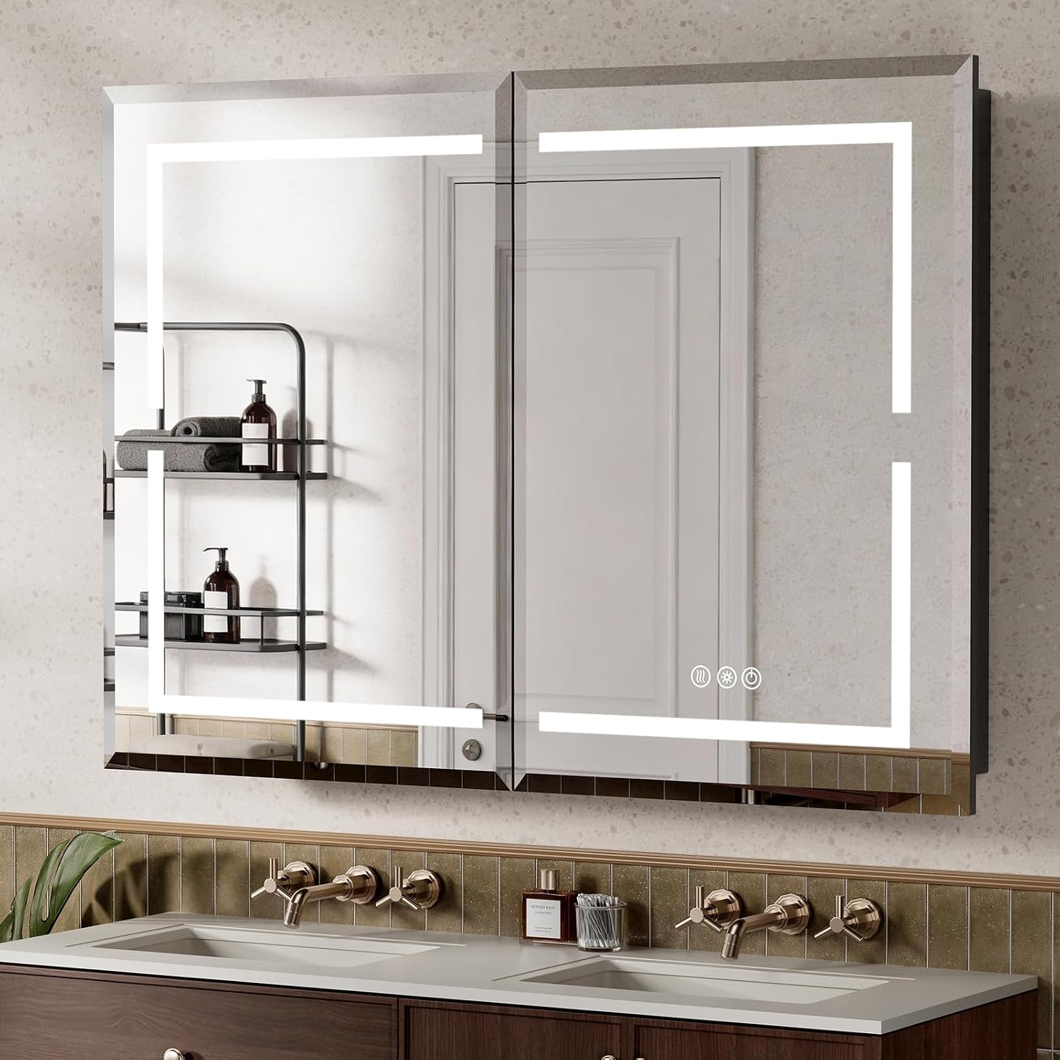 16X24 Inch Bathroom Medicine Cabinet, Adjustable 3-Color Brightness Dimming LED Mirror Recessed, Black