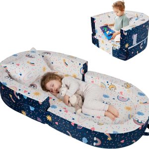2-in-1 Toddler Travel Bed, Portable Foldable Toddler Floor Bed Converts to Soft Sofa, Kids Travel Couch with Removable Washable Cover, Ideal for Camping, Picnic, Hotel & Sleepovers
