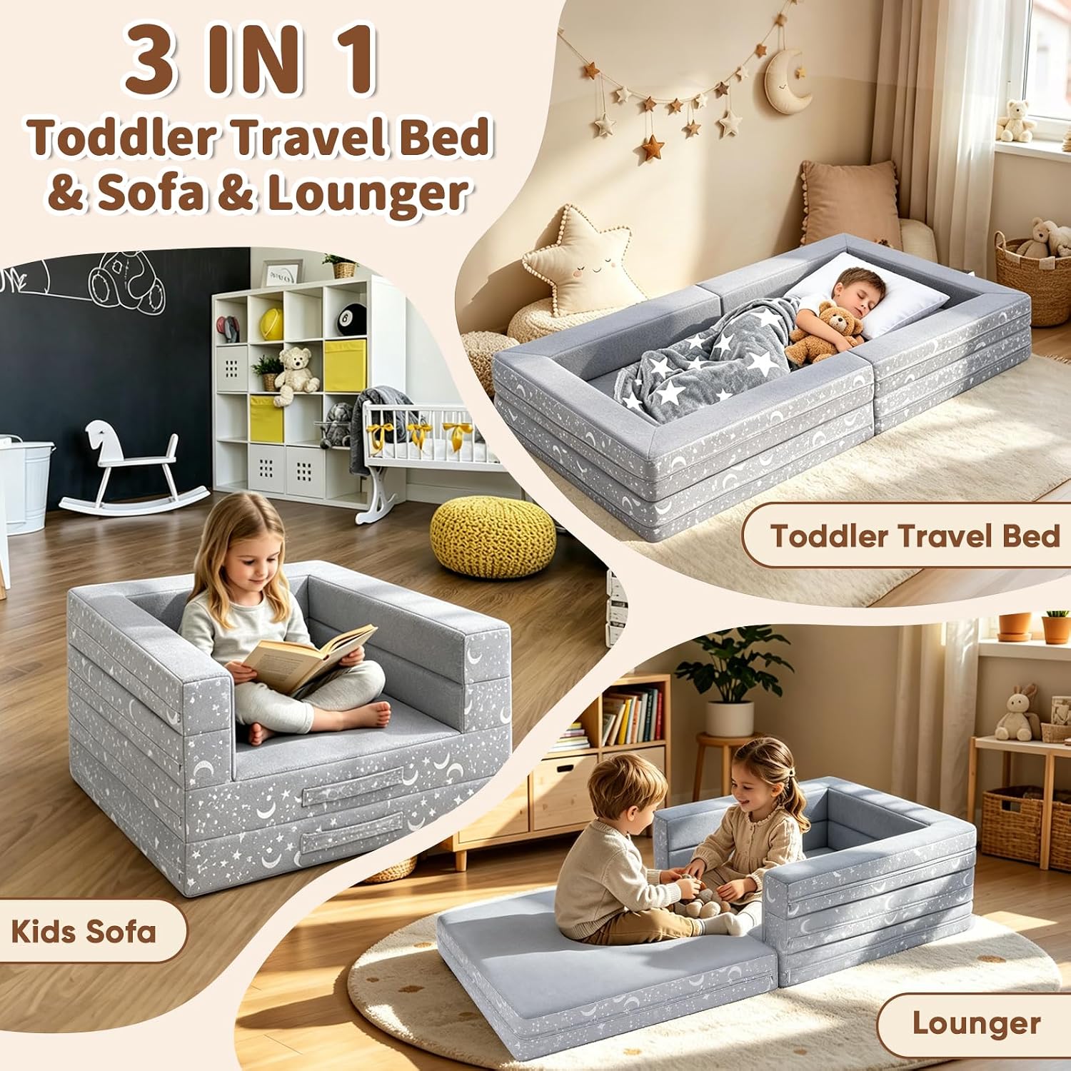 Portable Toddler Travel Bed, 3 in 1 Foldable Toddler Floor Bed No Assembly - Image 3