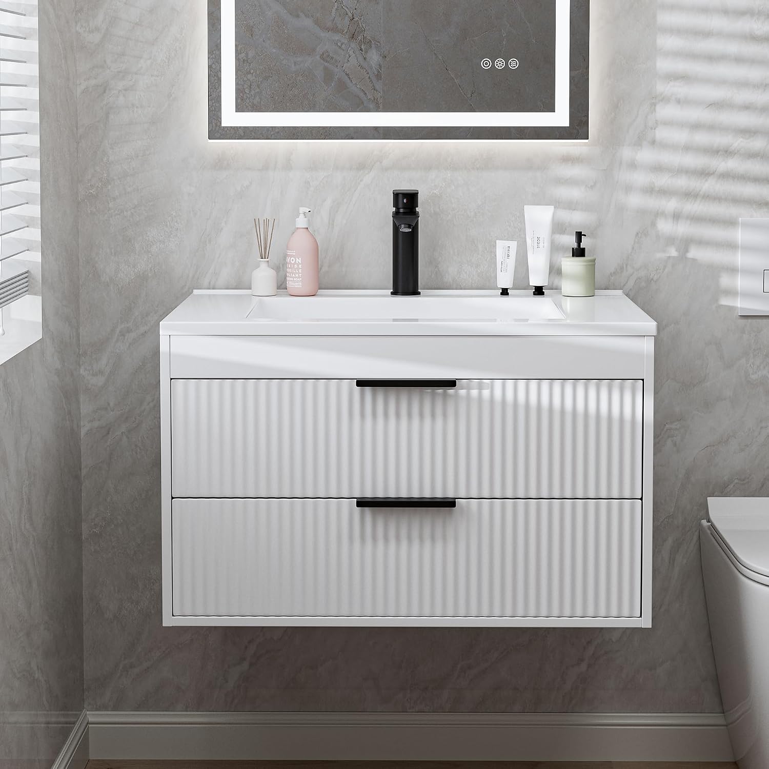 24 Inches Modern MDF Bathroom Vanity with Sink, Wall Mounted Floating Cabinets w/Double Drawers, Black Handles, White Resin Sink Combo Set (White, 24") - Image 6