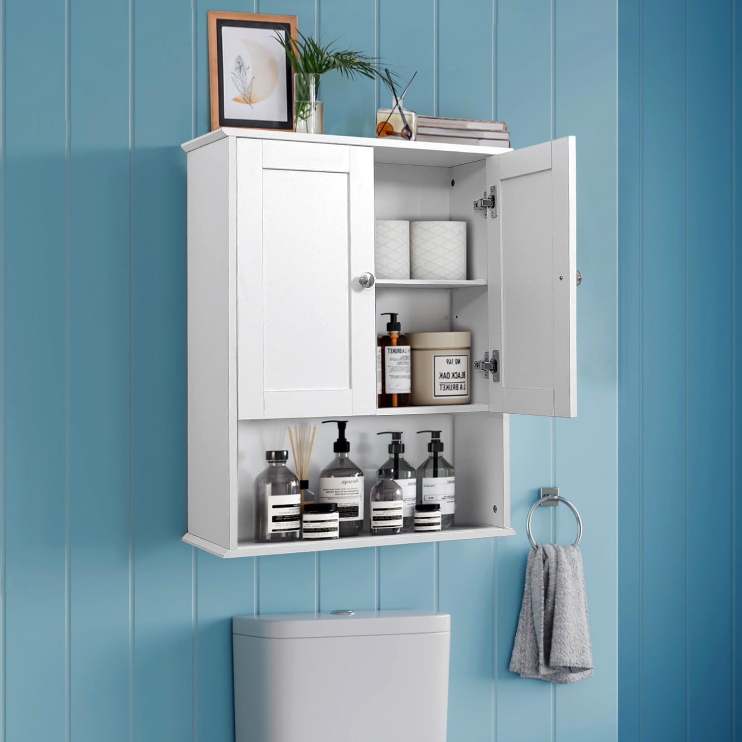 Bathroom Cabinet Wall Mounted Over Toilet Storage Cabinet 20x28 Inch White Wood Wall Space Saver Medicine Cabinets for Bathroom Storage with Adjustable Shelf, 2 Doors, Soft Hinge